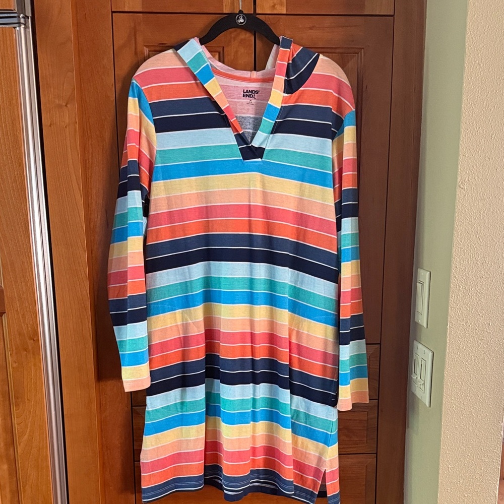 Lands' End Multicolor Striped Hooded Dress Medium